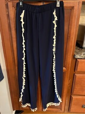 Green Envelope Navy Wide-Leg Pants with Cream Tassel Trim